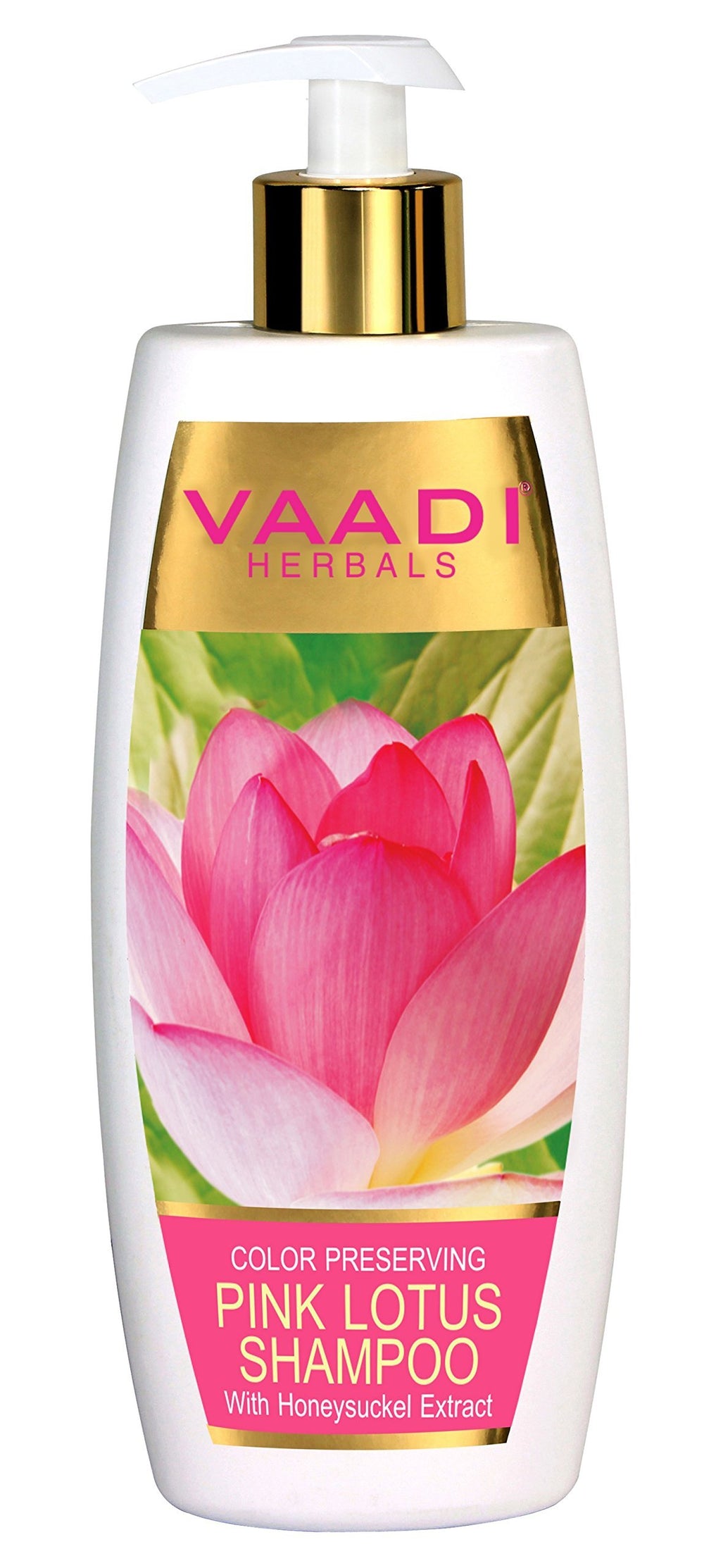 Vaadi Herbs Lotus with Honeysuckle Shampoo bottle showing color-preserving formula.