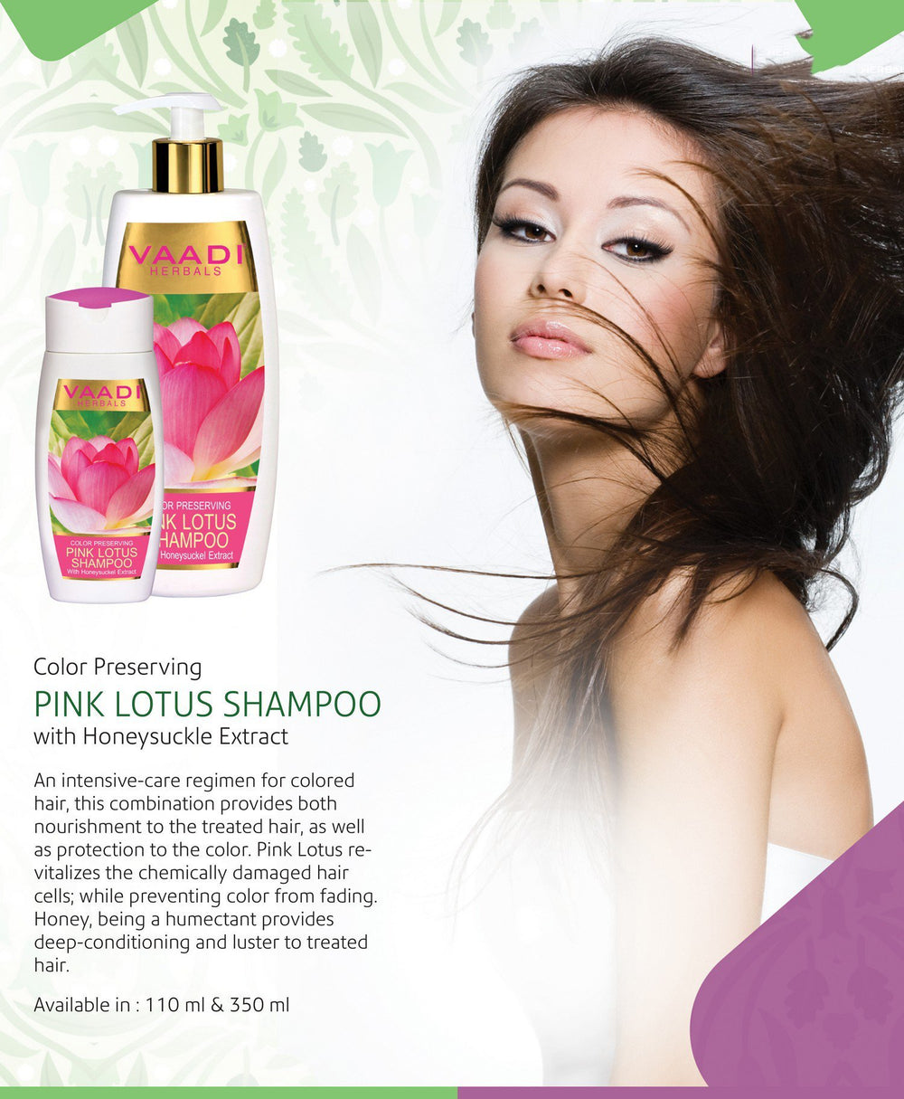 Vaadi Lotus Honeysuckle Shampoo label close-up highlighting natural ingredients.