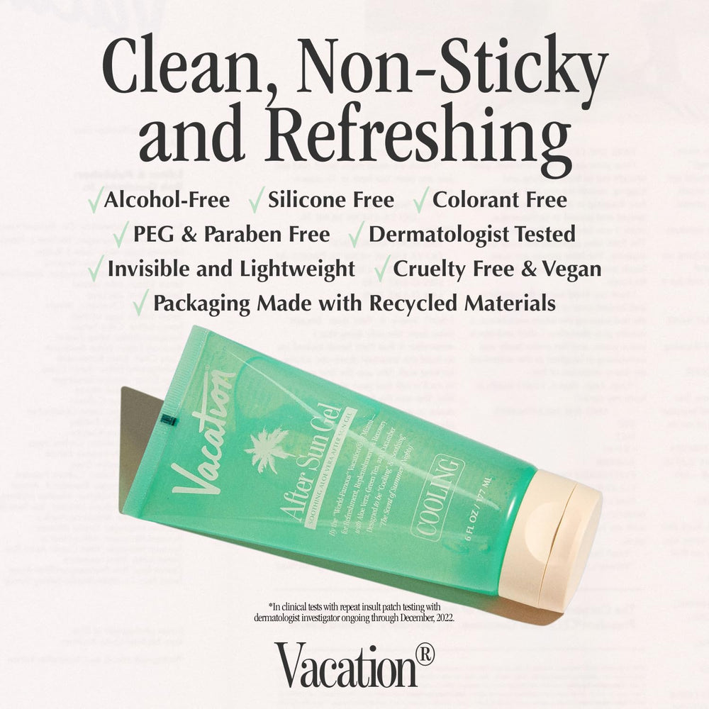 VACATION Aloe Vera gel application showing soothing, non-sticky post-sun care.