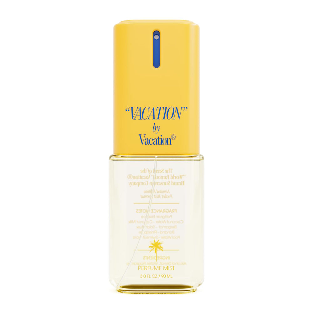 VACATION body mist bottle close-up showing 3oz travel size for on-the-go freshness