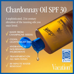 VACATION Chardonnay Oil SPF30 application demonstrates fast-absorbing, non-greasy texture for daily use.