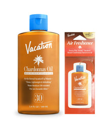 VACATION Chardonnay Oil SPF30 bottle shows travel-friendly sunscreen with a subtle, healthy glow.