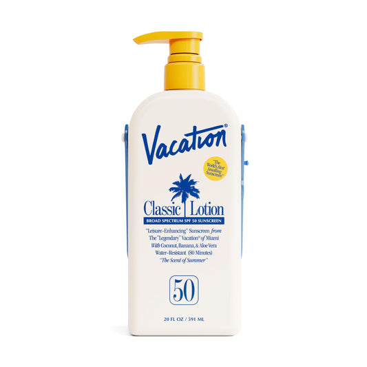 VACATION Classic Lotion SPF 50 bulk 20oz pump bottle for easy family-friendly sun protection.