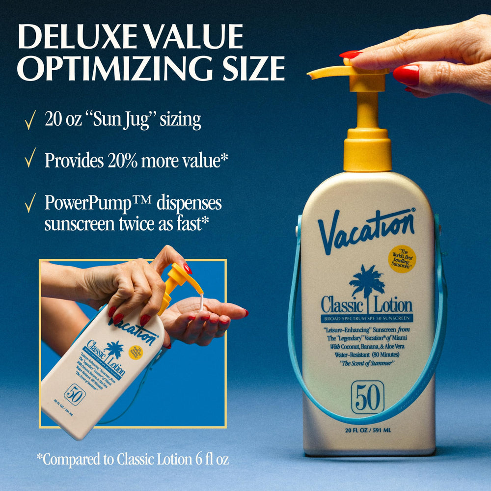 VACATION Classic Lotion SPF 50 deluxe pump enables fast, even application.