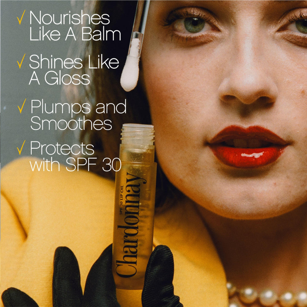 Vacation SPF 30 Chardonnay Lip Oil gloss provides clear glass-like finish.
