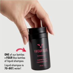 Vacaville Peppermint Powder Shampoo on wet palm activates lather for travel-ready cleansing