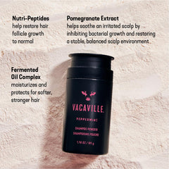 Vacaville Peppermint Powder Shampoo pomegranate extract balances scalp for comfort