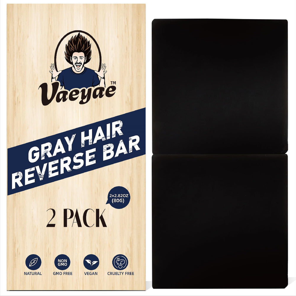 VAEYAE gray hair reverse bar packaging highlights a convenient, natural hair care solution.