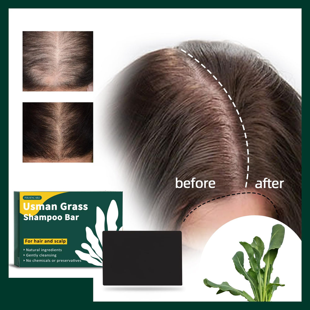 VAEYAE Usman Grass Shampoo Bar before-after highlights potential gray hair enhancement.