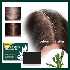 VAEYAE Usman Grass Shampoo Bar before-after highlights potential gray hair enhancement.