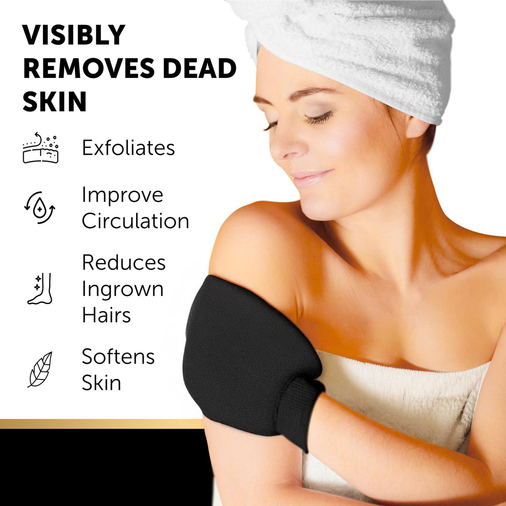 VALITIC Black exfoliating gloves for gentle body exfoliation.