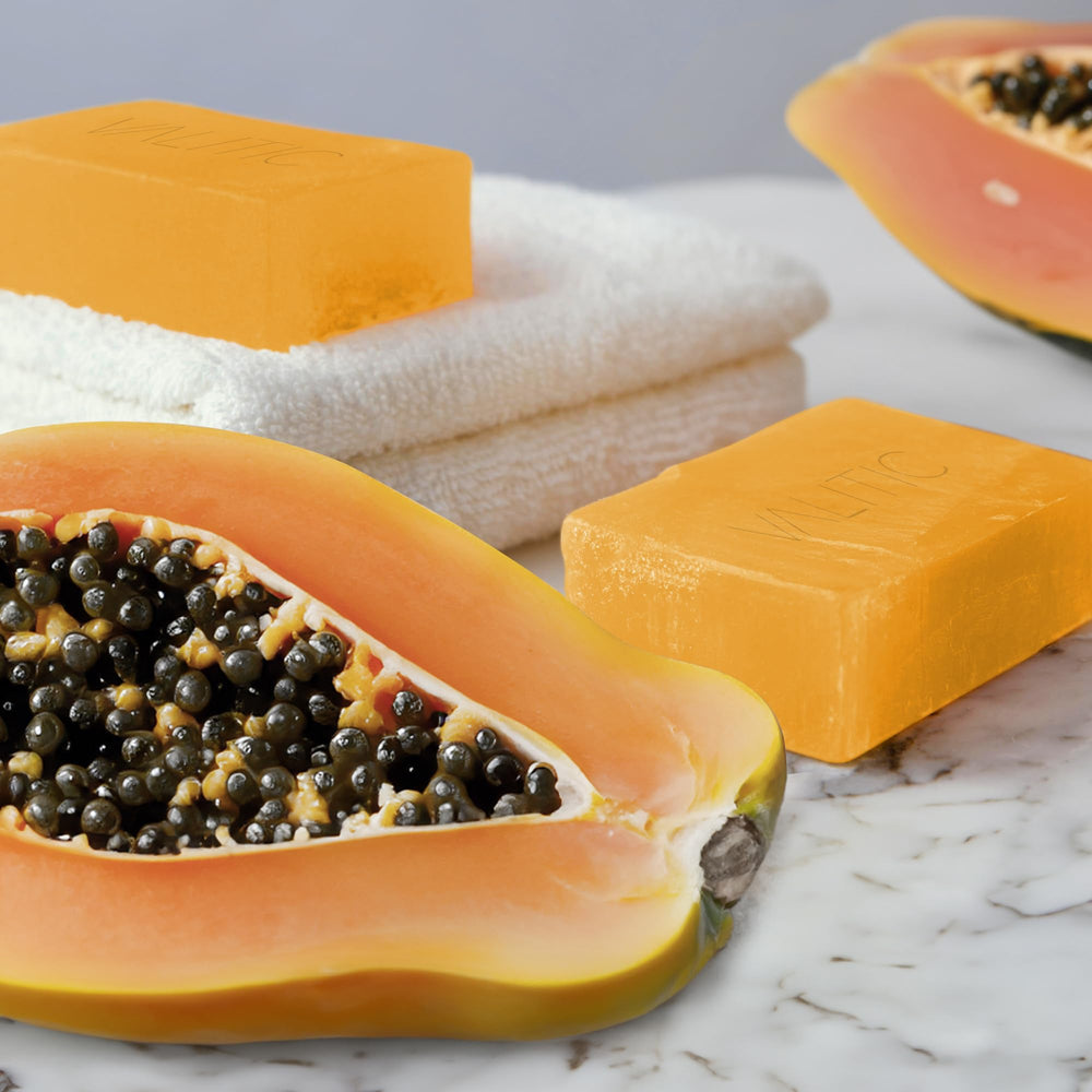 VALITIC soap bars stacked with fresh ingredients imagery for cleaner-living vibe.