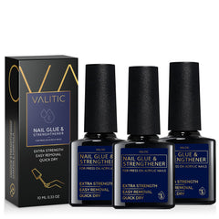 VALITIC strong nail glue bottle closeup showing durable adhesion for acrylic and press-on nails.