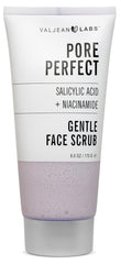 Valjean Labs Pore Perfect Face Scrub bottle demonstrates gentle exfoliation for refreshed skin.