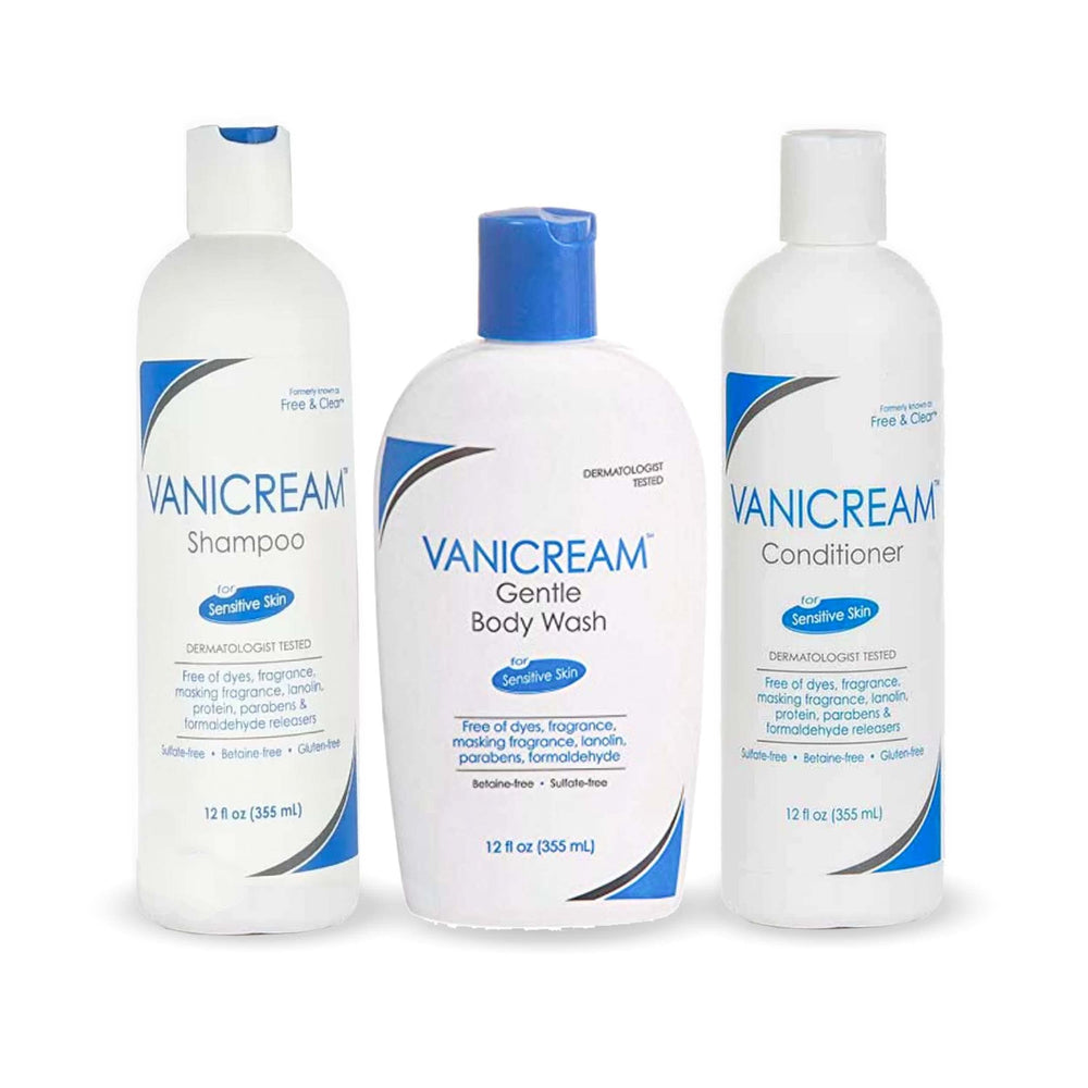 Vanicream Free & Clear Shampoo bottle shown for sensitive skin and gentle cleansing.