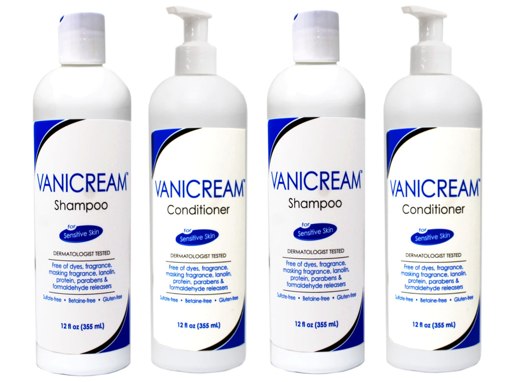 Vanicream shampoo bottle close-up shows a fragrance-free formula for sensitive skin