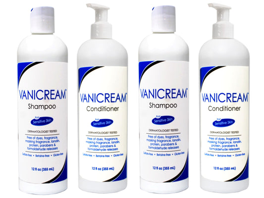 Vanicream shampoo bottle close-up shows a fragrance-free formula for sensitive skin