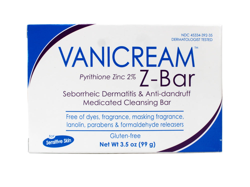 Vanicream Z-Bar close-up highlighting 2% pyrithione zinc in the cleansing bar