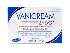 Vanicream Z-Bar close-up highlighting 2% pyrithione zinc in the cleansing bar