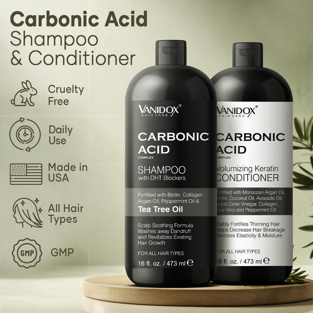 VANIDOX carbonic acid conditioner bottle front supports moisture and fuller-looking hair.