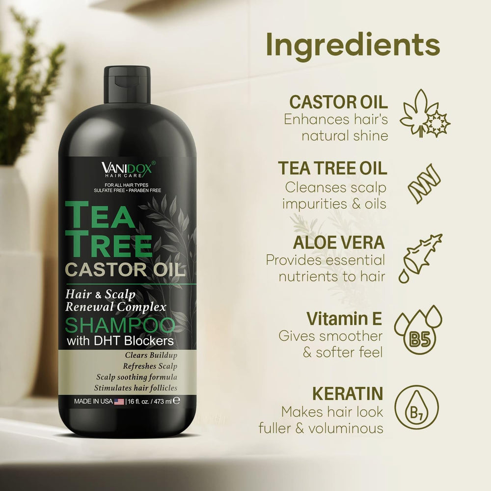 Vanidox Tea Tree Oil Shampoo includes tea tree and castor oil ingredients.