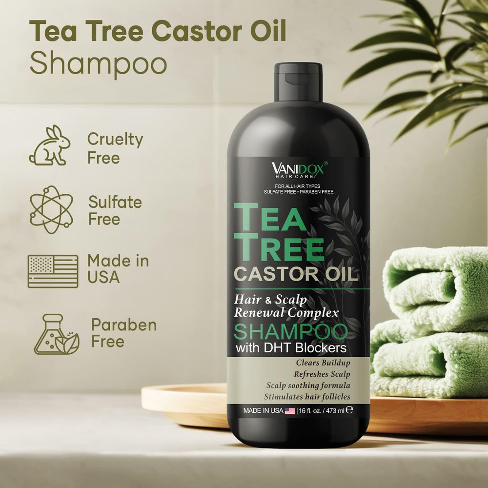 Vanidox Tea Tree Oil Shampoo pump-action bottle for controlled dispensing.