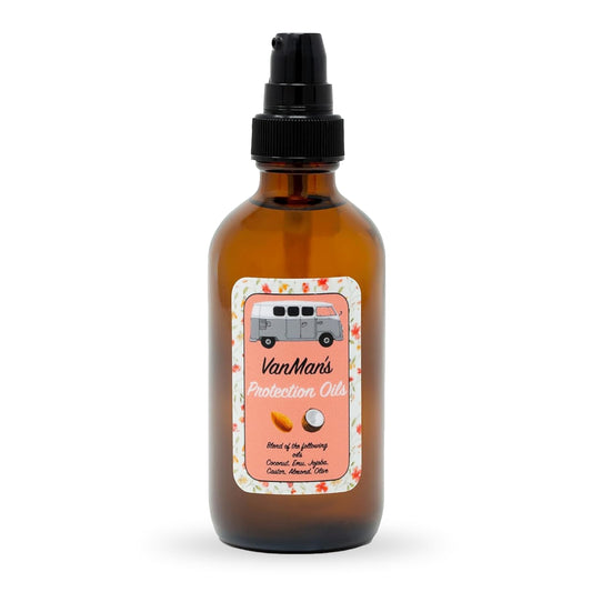 VanMan Protection Oil Serum bottle shows castor and coconut oil blend for hydration
