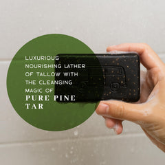 The VanMan soap bar charcoal detail hints at deep-clean feel with pine tar