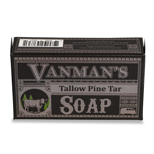 The VanMan soap bar packaging shows brand and grass-fed tallow for a smooth cleanse