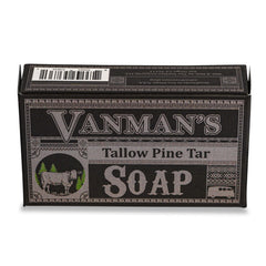 The VanMan soap bar packaging shows brand and grass-fed tallow for a smooth cleanse