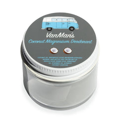 VanMan's coconut magnesium deodorant jar seen up close for long-lasting odor control.