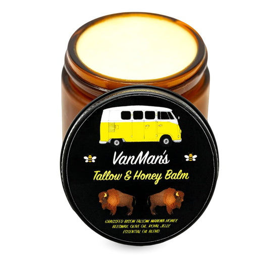 Vanman’s Tallow and Honey Balm face-application for daily nourishing care.