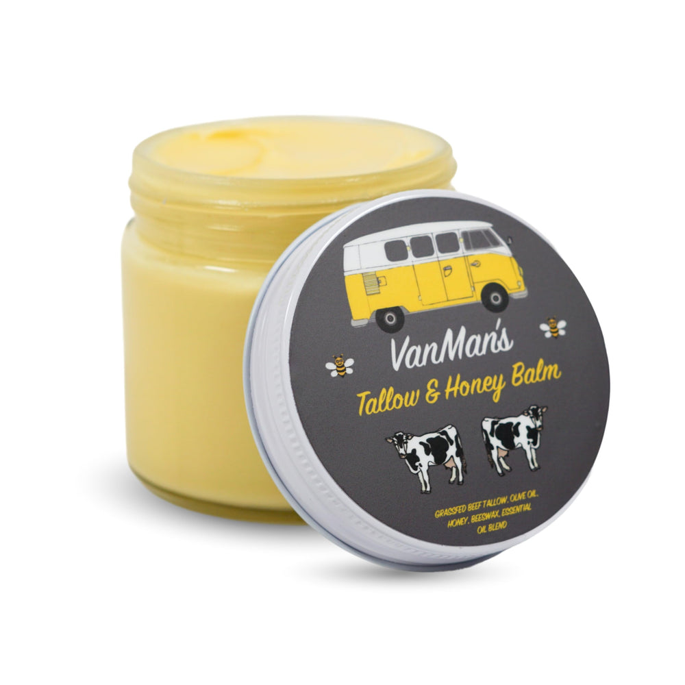 Vanman's Tallow and Honey Balm jumbo jar closeup showing rich texture for skin care