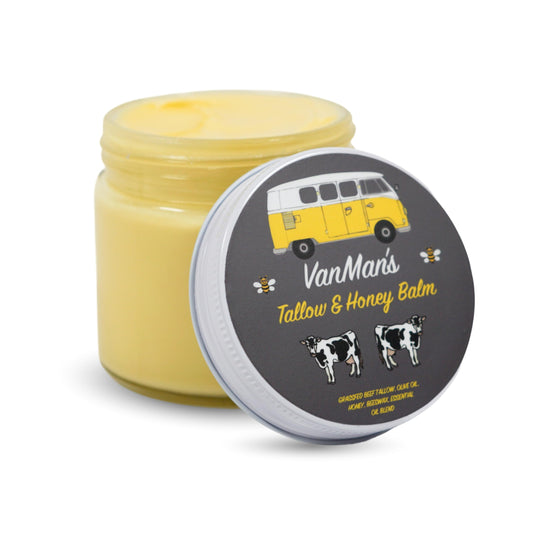 Vanman's Tallow and Honey Balm jumbo jar closeup showing rich texture for skin care
