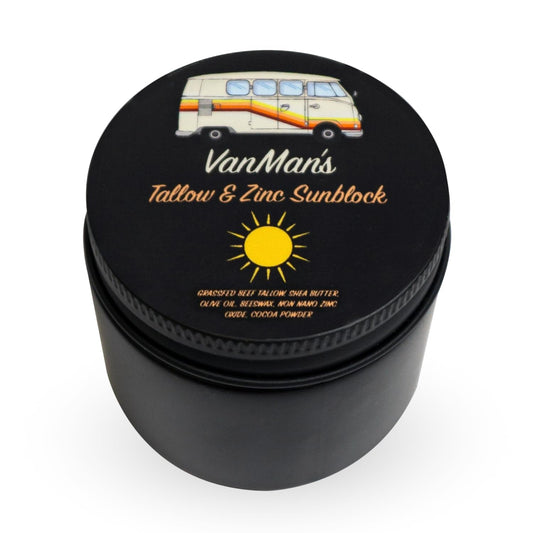 Vanman's zinc and tallow sunscreen bottle close-up demonstrating mineral protection for face and body
