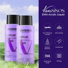 VANSISOS acrylic liquid EMA bottles highlighted for smooth finishes