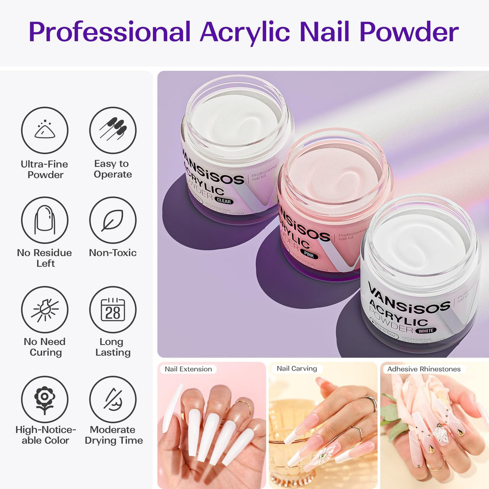 VANSISOS acrylic powder in multiple colors gives bubble-free coverage.