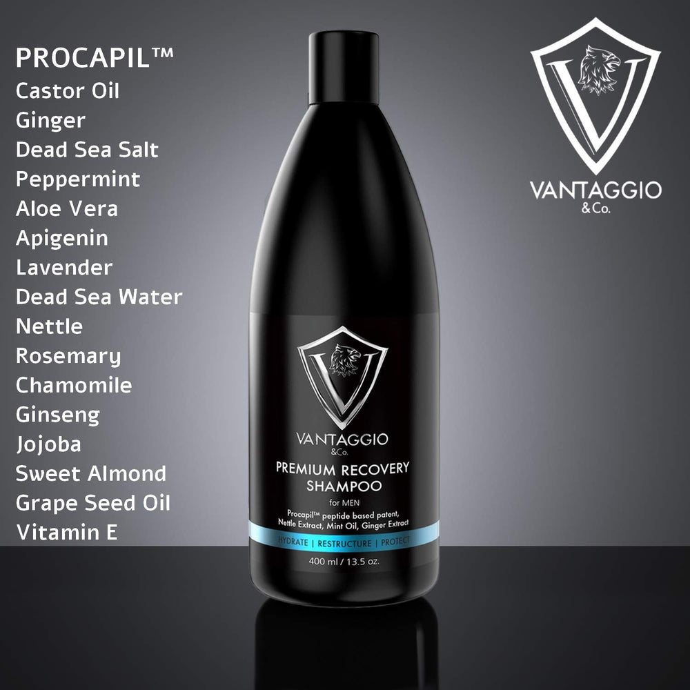 Vantaggio and Co Hair Loss Shampoo label close-up showing key ingredients like peppermint