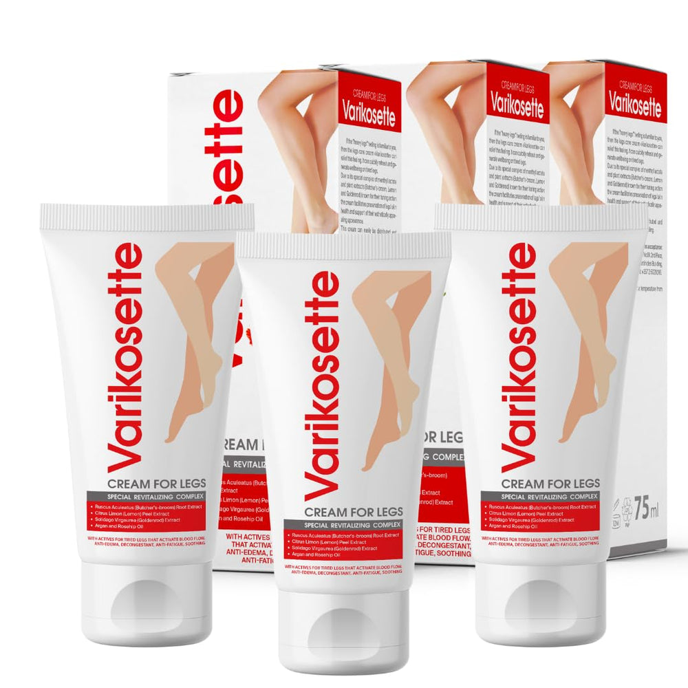 Varikosette bottle with pour spout for easy application on tired legs.
