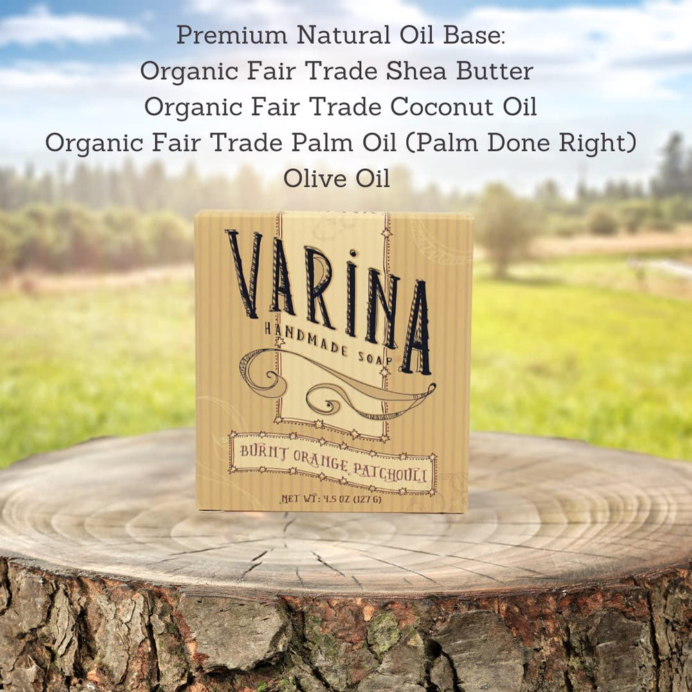Varina Burnt Orange Patchouli bar soap lather demonstrates gentle cleansing for face and body