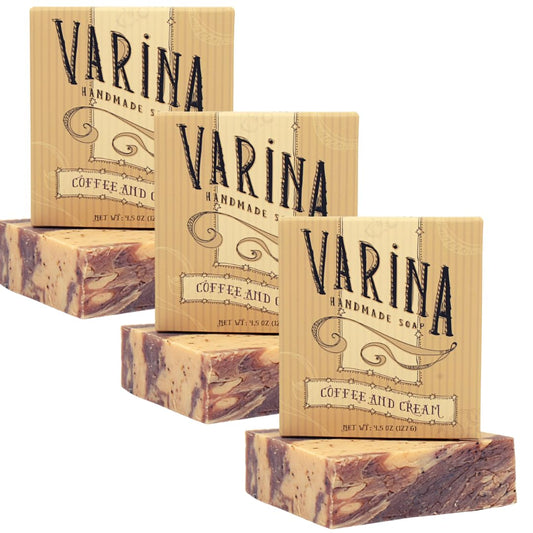 Varina Coffee Cream Bar Soap pack front view for gentle cleansing on sensitive skin.