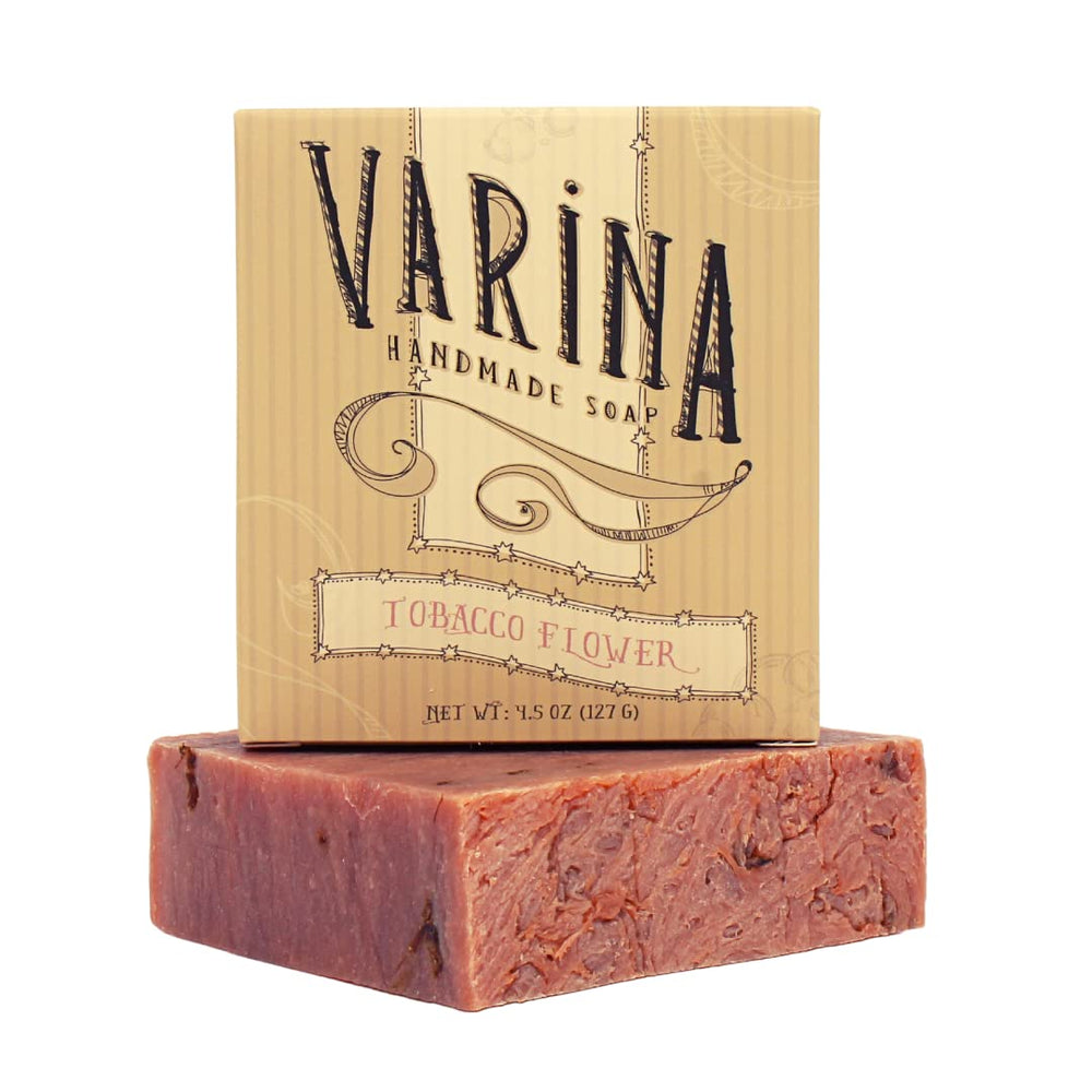 Varina tobacco scent illustration with bar soap and petals.