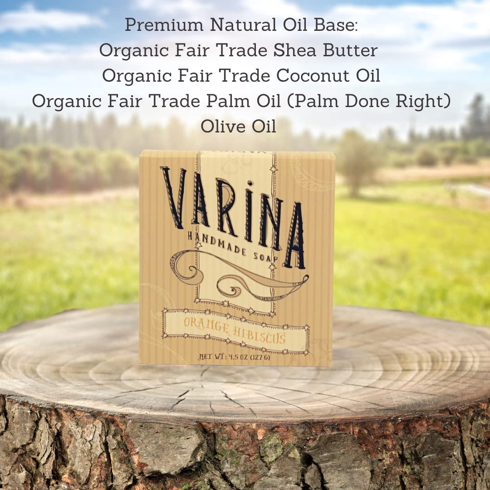 Varina orange hibiscus bar soap pack detail, sustainable and fragrance-free formula.