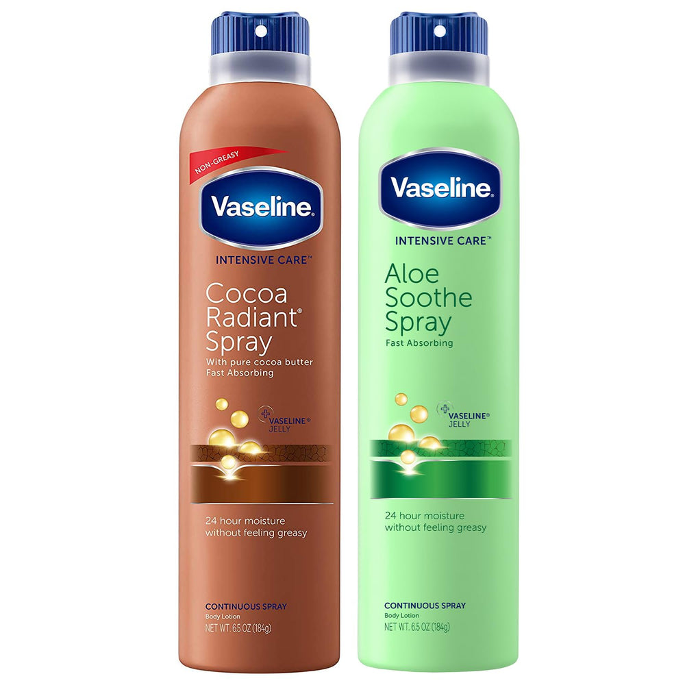 Vaseline Cocoa Radiant Spray bottle close-up showing fast-absorbing moisture for dry skin.
