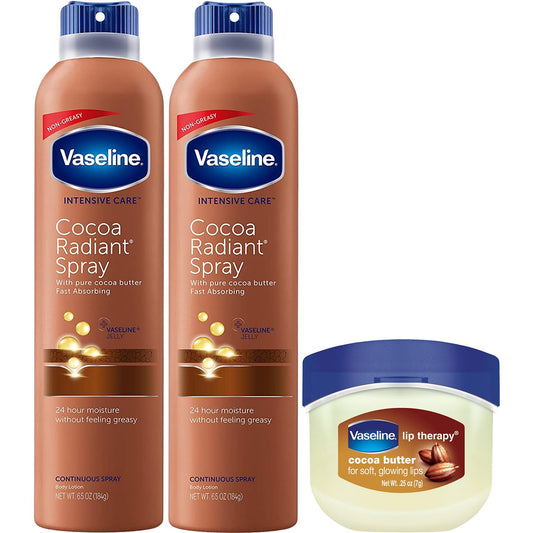 Vaseline Cocoa Radiant spray bottle front for smooth, hydrated skin.