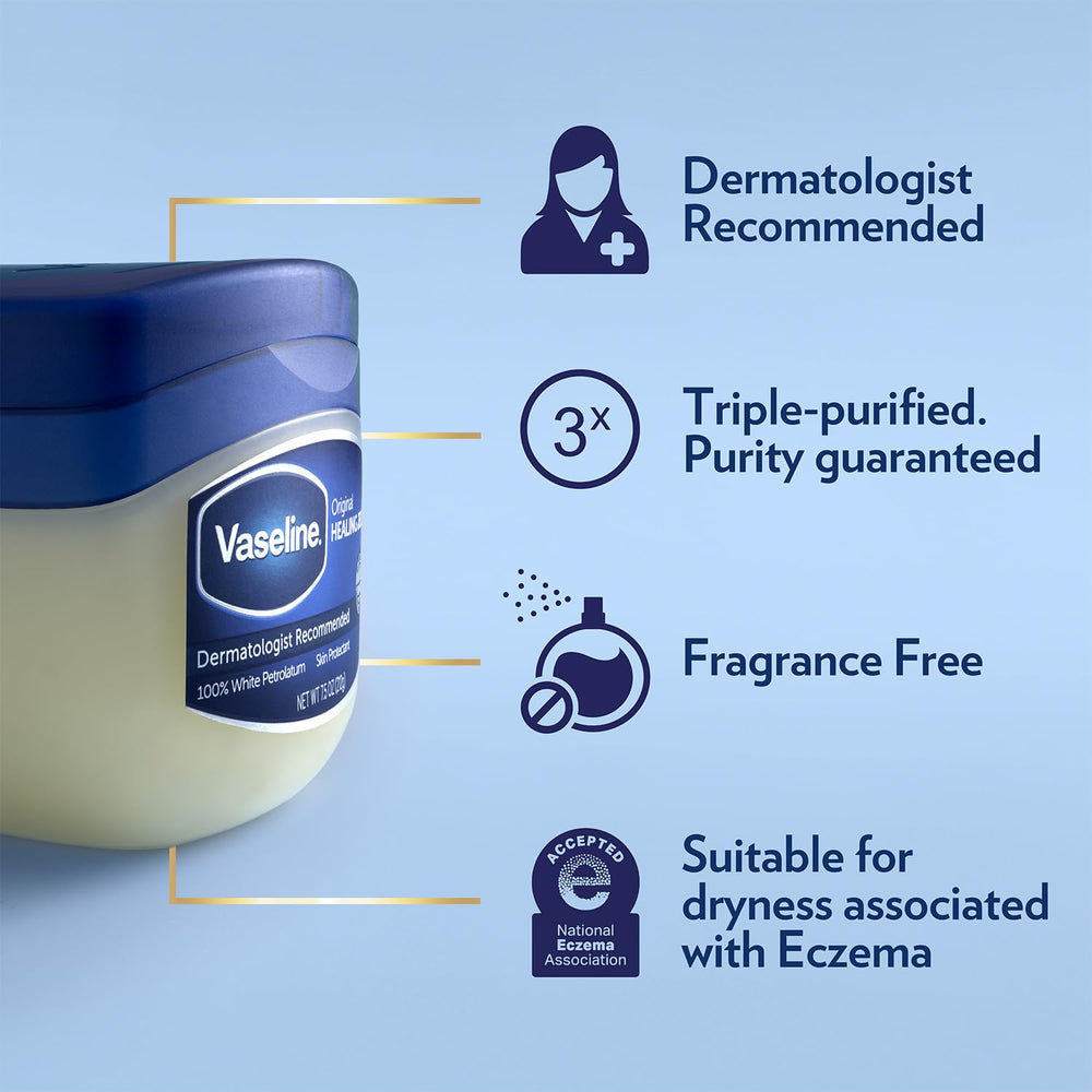 Vaseline Original Healing Jelly hand applying to dry skin.
