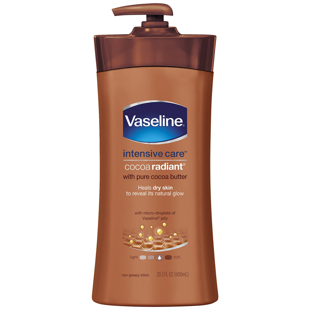 Vaseline Intensive Care Cocoa Radiant lotion bottle application for smooth skin.