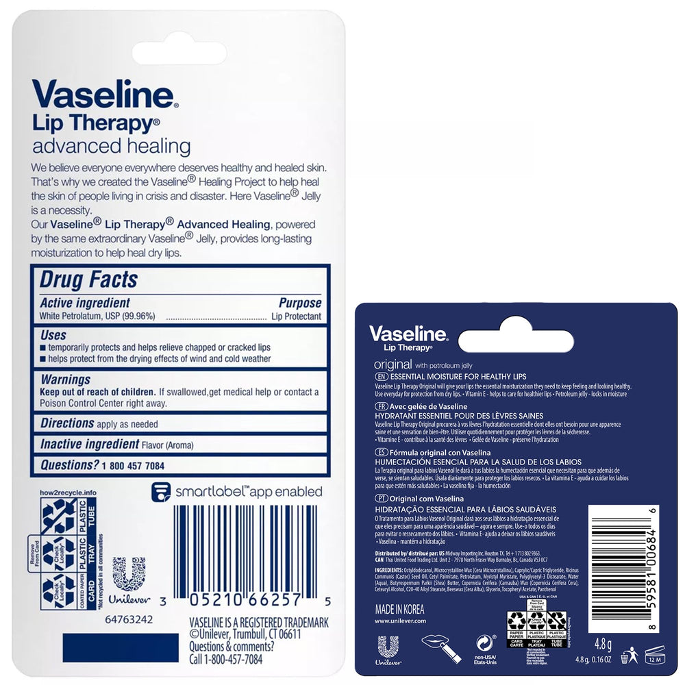 Vaseline Lip Care tube shown in a 12-pack display for convenient daily use.