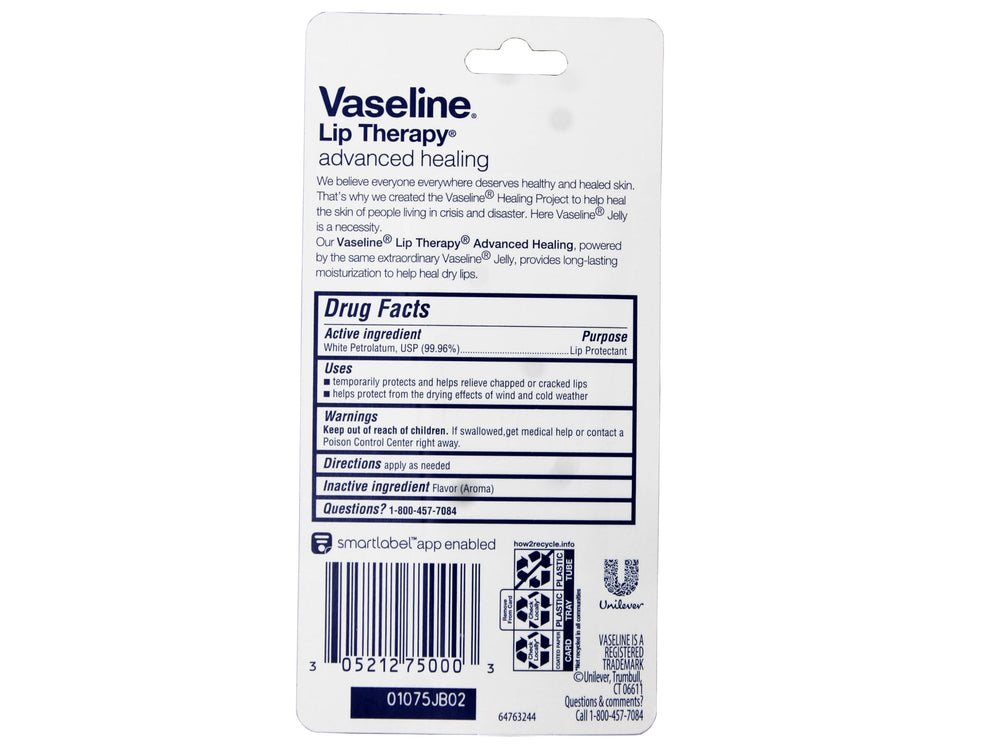 Vaseline Lip Therapy Advanced Formula open jar with balm for quick moisture restoration