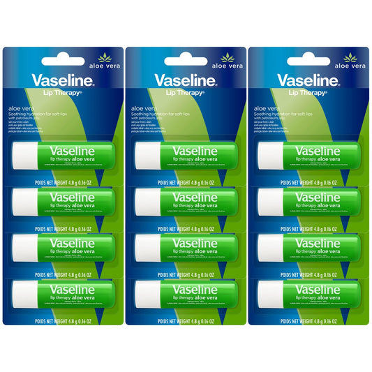 Vaseline Lip Therapy Aloe Fresh 12-pack front view, travel-ready lip care kit.